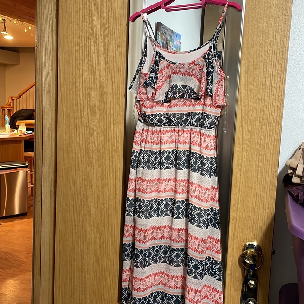 Heart Soul Med lined spaghetti strap dress ruffle bodice side slit orange blue - Picture 7 of 9
